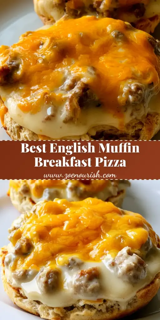 English Muffin Breakfast Pizza with Creamy Sausage Gravy and Melted Cheddar 4 English Muffin Breakfast Pizza topped with thick white sausage gravy and melted orange cheddar on a white plate.