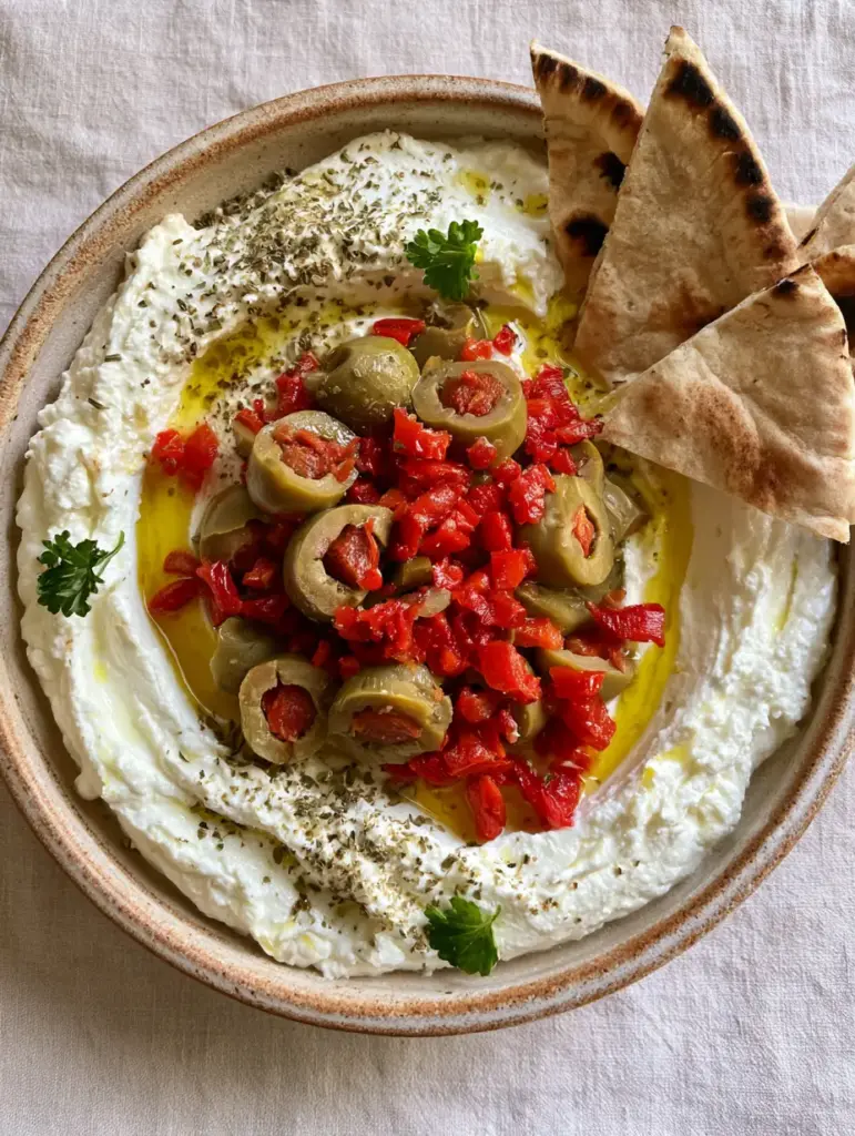 Top-down view of Green Olive Dip featuring pale ivory whipped cheese and a mound of sliced olives and red peppers.