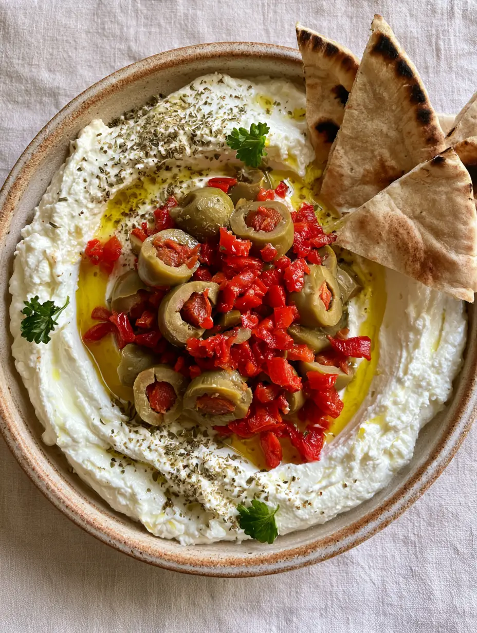 Green Olive Dip with Whipped Feta and Roasted Red Peppers 4 Top-down view of Green Olive Dip featuring pale ivory whipped cheese and a mound of sliced olives and red peppers.