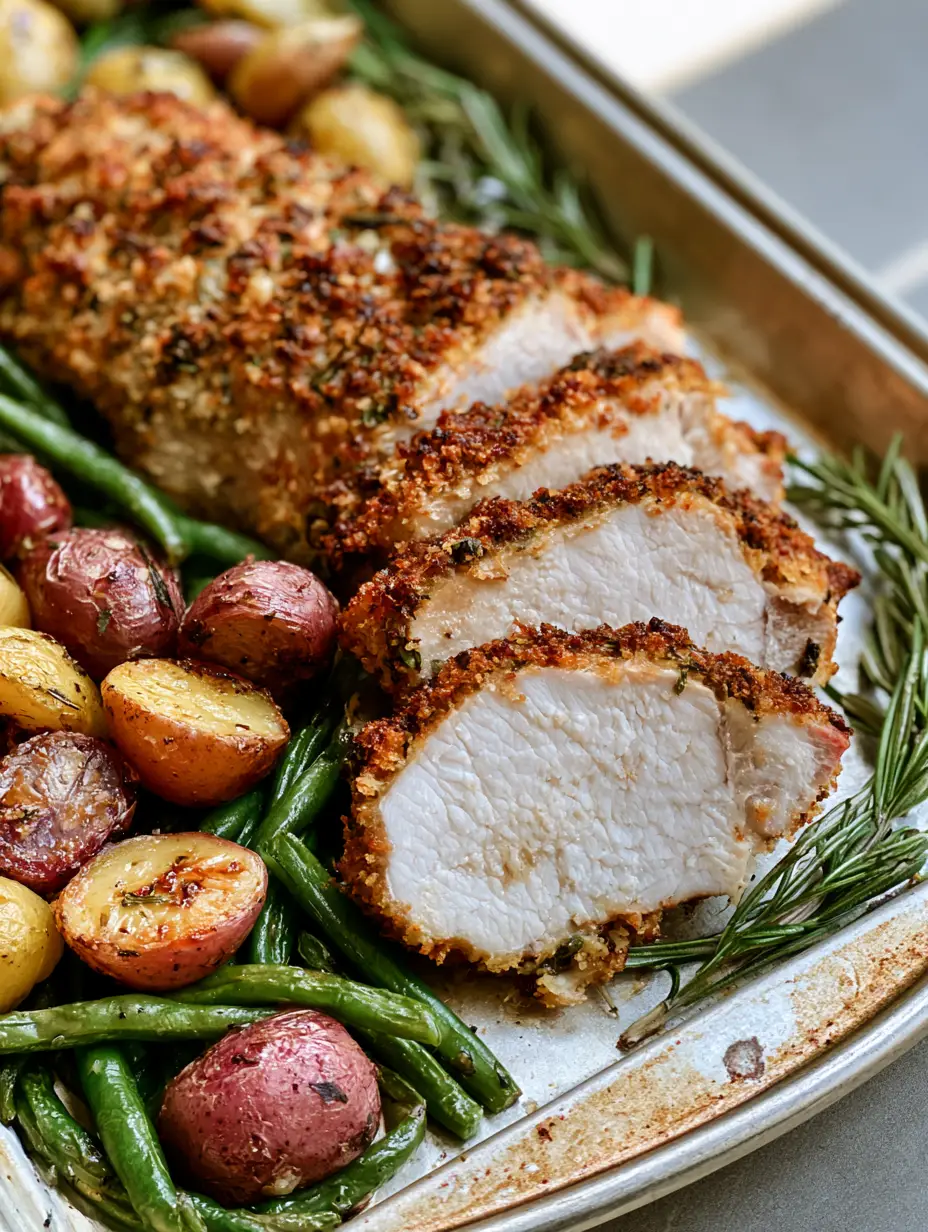 Garlic Parmesan Pork Tenderloin with Roasted Potatoes and Green Beans 3 Slices of Garlic Parmesan Pork Tenderloin showing the juicy white center and thick golden parmesan herb crust.