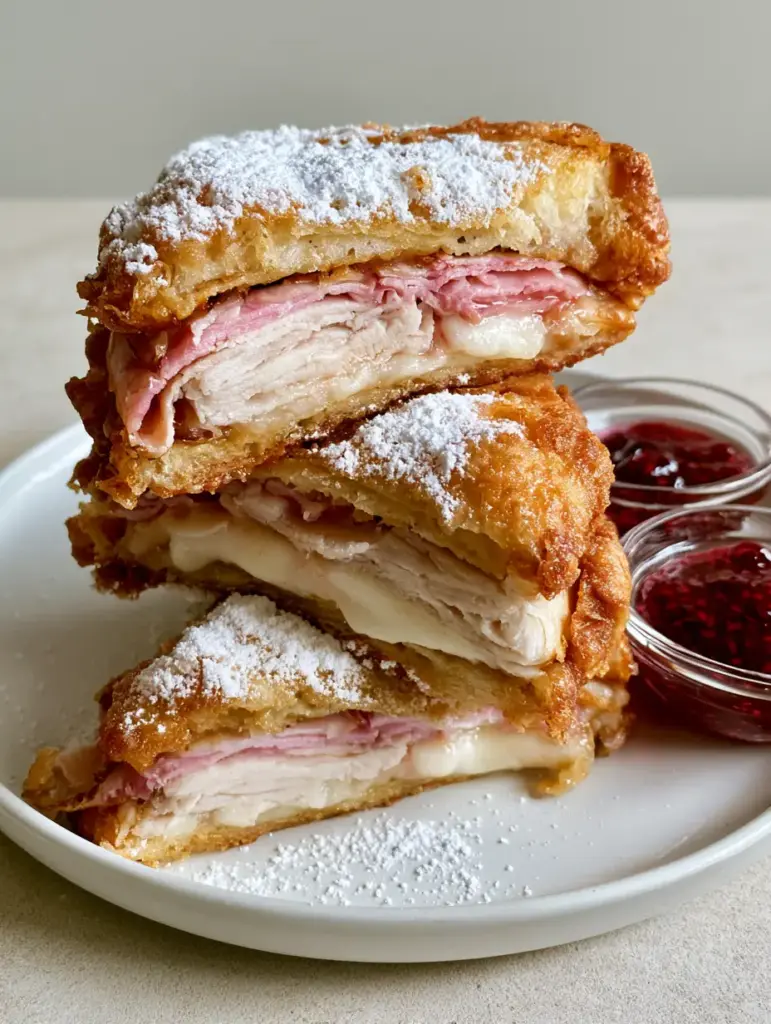 Close up of the crunchy golden-brown fried batter layers of the Bennigan's Monte Cristo Copycat.