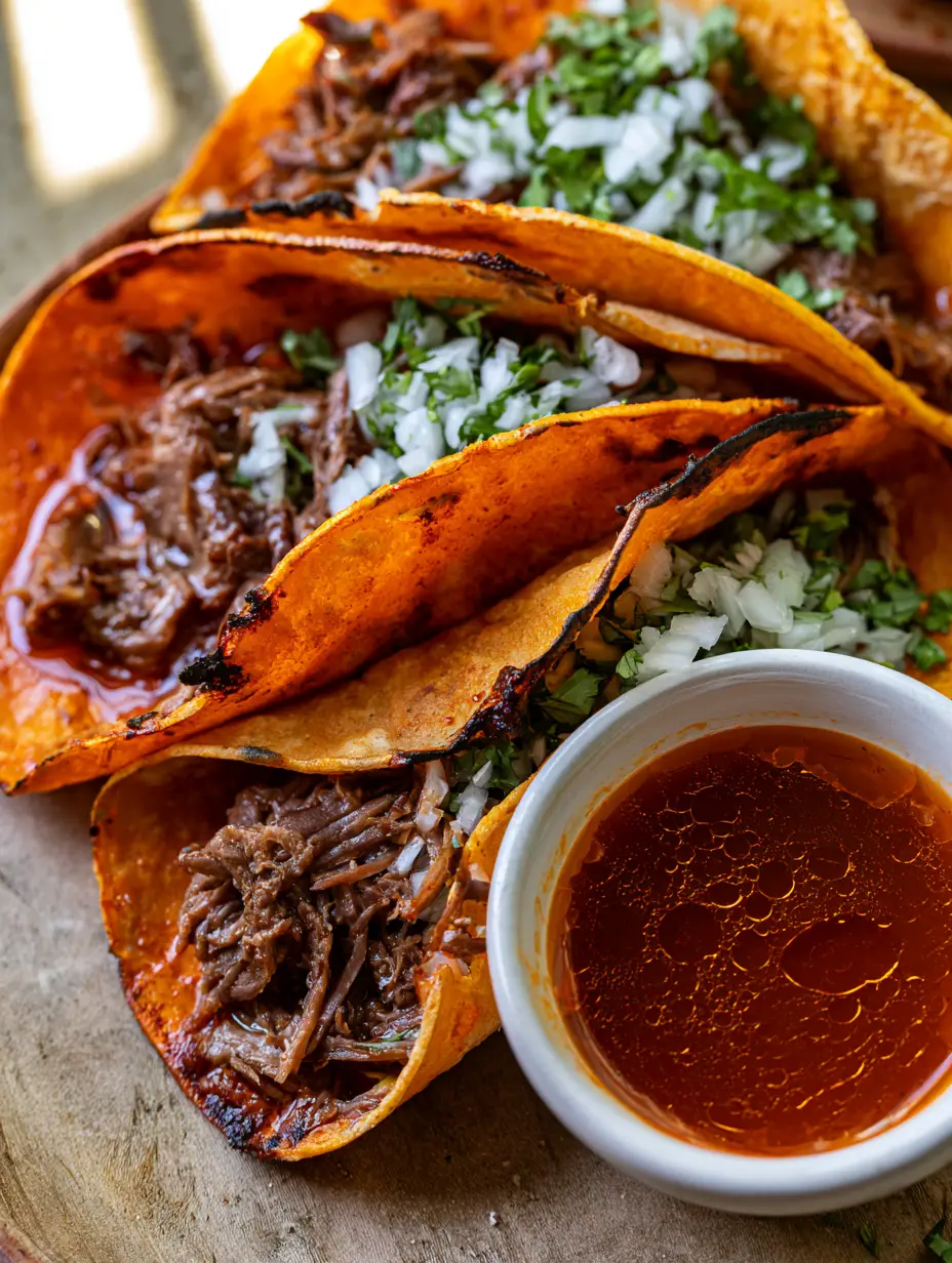 Close-up of shredded beef birria tacos with diced onions and cilantro on a rustic wood surface. (Slow Cooker Birria Tacos)