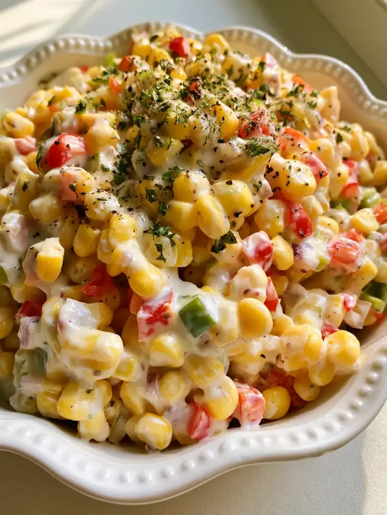 Creamy Corn Salad With Peppers and Glossy White Dressing 1 Creamy Corn Salad served in a white scalloped bowl with visible dried parsley flakes and cracked black pepper.