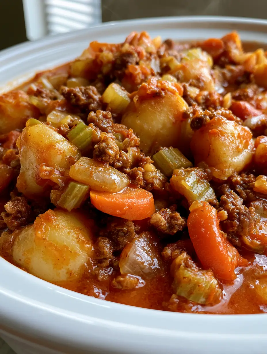 Road Rage Casserole: The Ultimate Hearty Slow Cooker Comfort Meal 4 A handheld smartphone photo of Road Rage Casserole showing steam rising from a white ceramic bowl filled with beef, potatoes, and carrots.