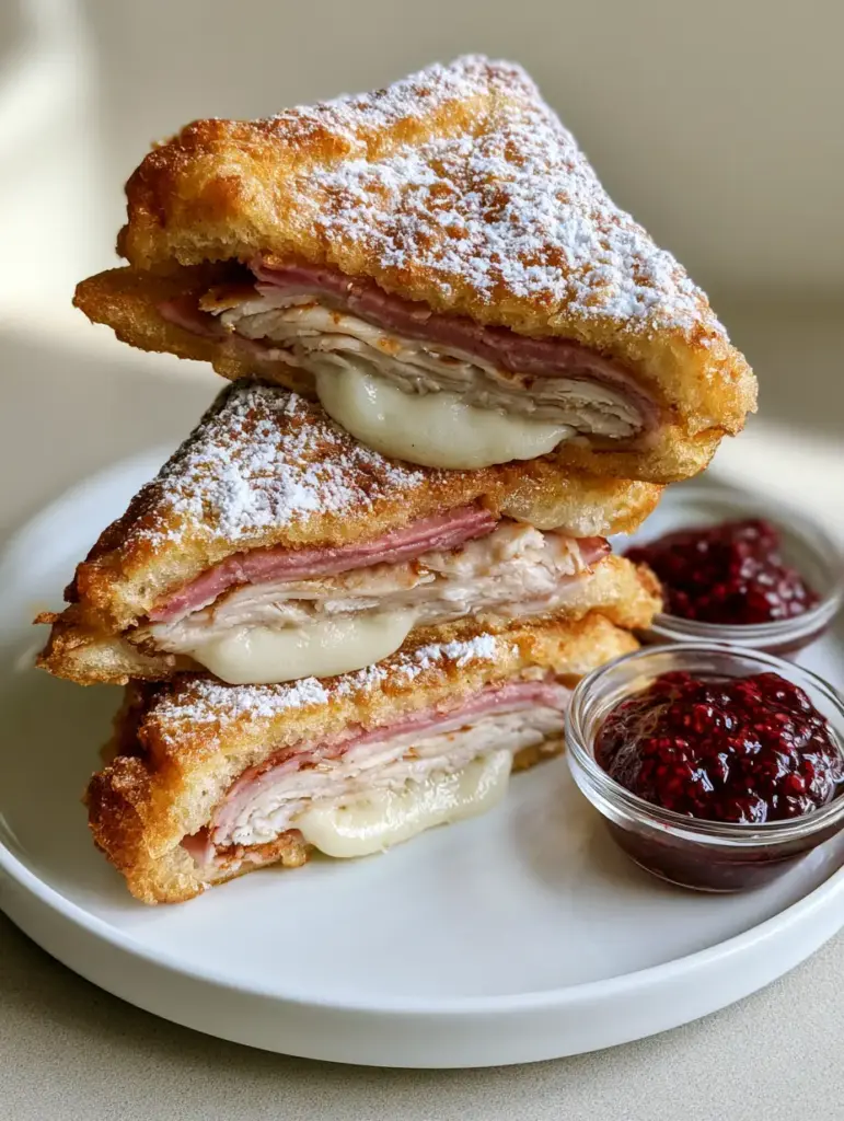 Bennigan's Monte Cristo Copycat: The Ultimate Deep-Fried Sandwich 1 Stacked quarters of Bennigan's Monte Cristo Copycat sandwich with glossy raspberry jam on the side.