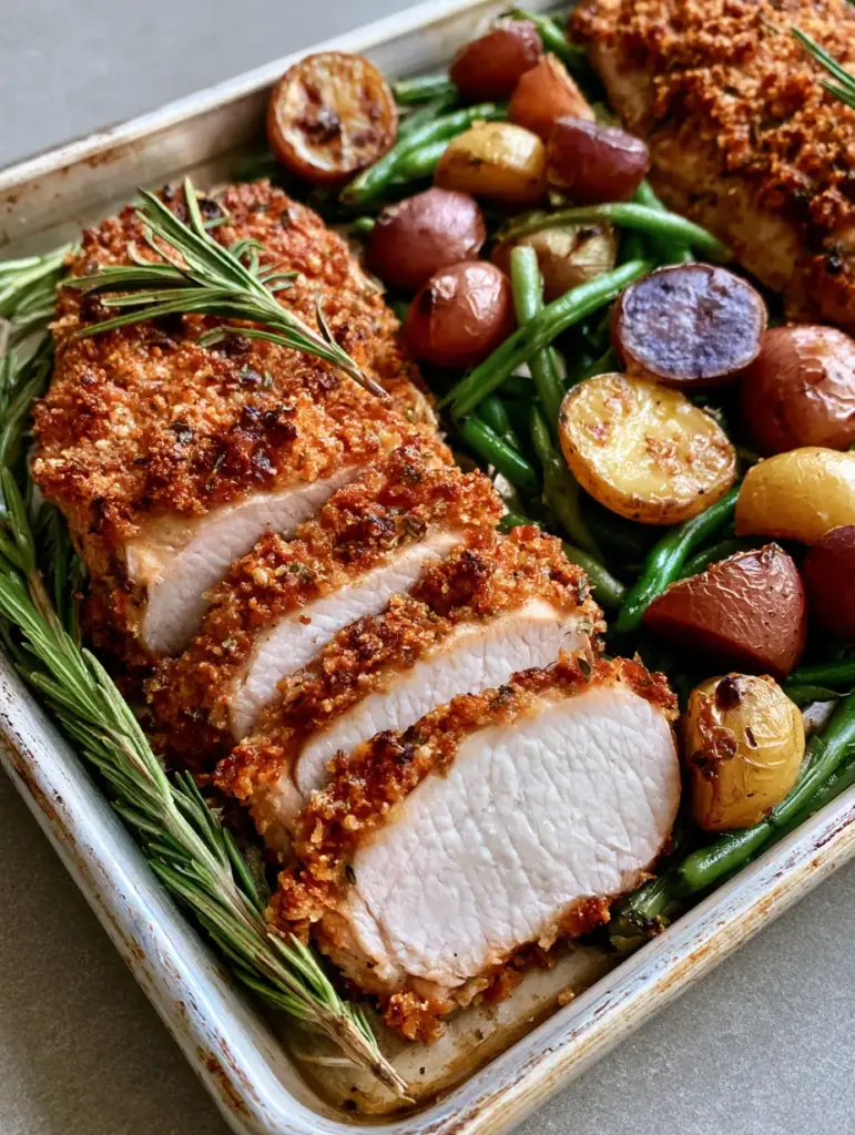 Garlic Parmesan Pork Tenderloin with Roasted Potatoes and Green Beans 1 A silver baking sheet with Garlic Parmesan Pork Tenderloin, charred red baby potatoes, and bright roasted green beans.