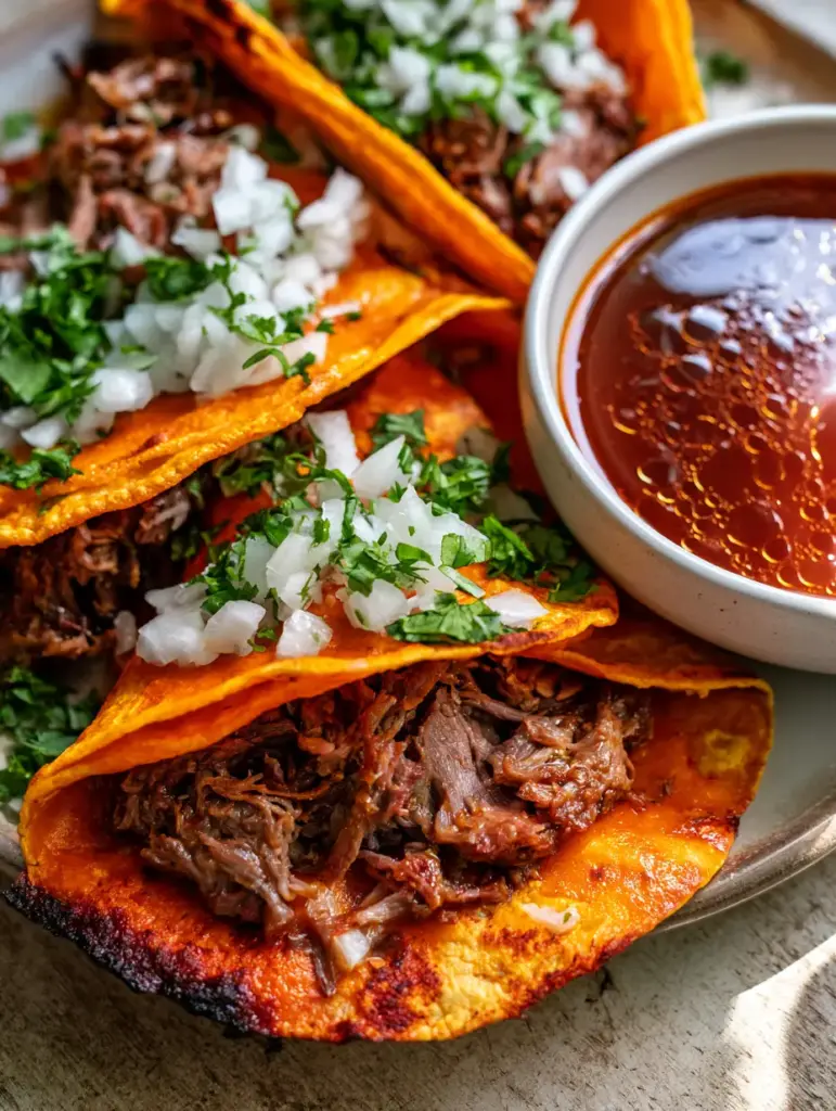 A ceramic bowl of shimmering beef consomé next to vibrant orange-red birria tacos.