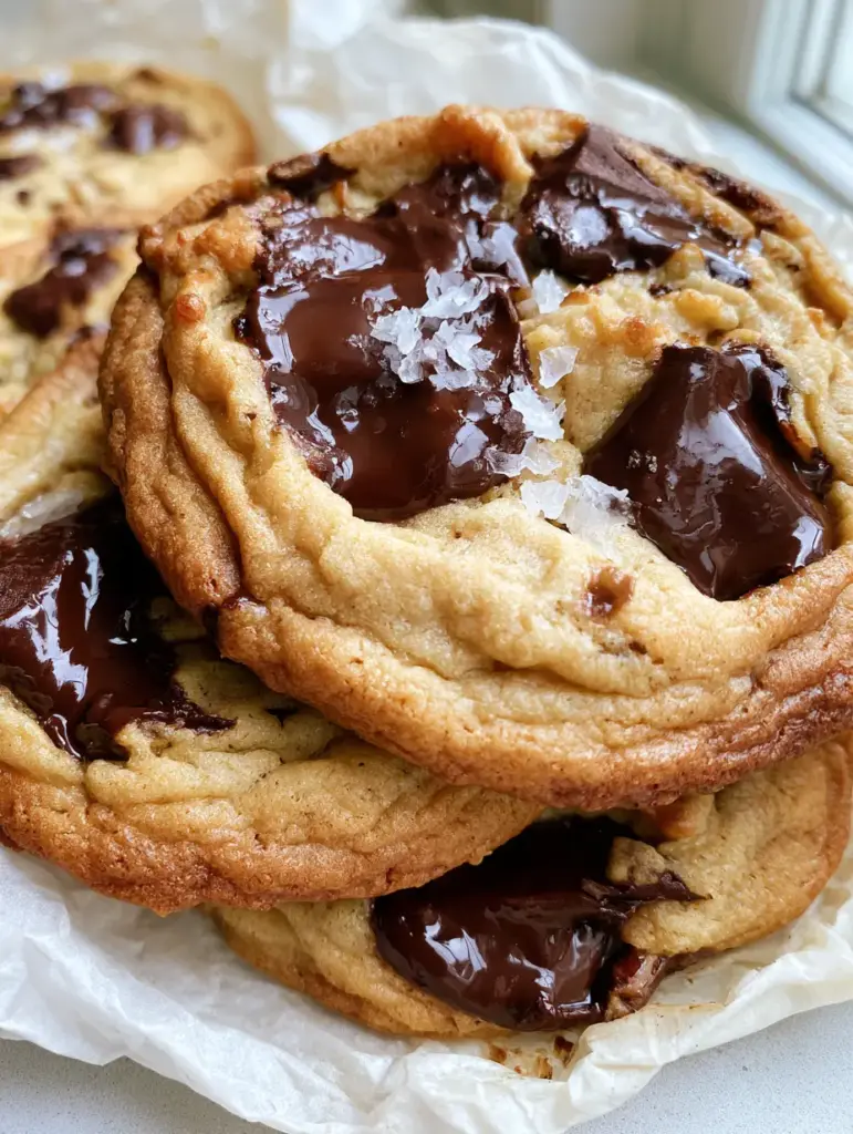 Brown Butter Chocolate Chip Cookies: The Ultimate Soft-Baked Recipe 1 Molten dark semi-sweet chocolate chunks and flaky sea salt crystals on top of a warm cookie.