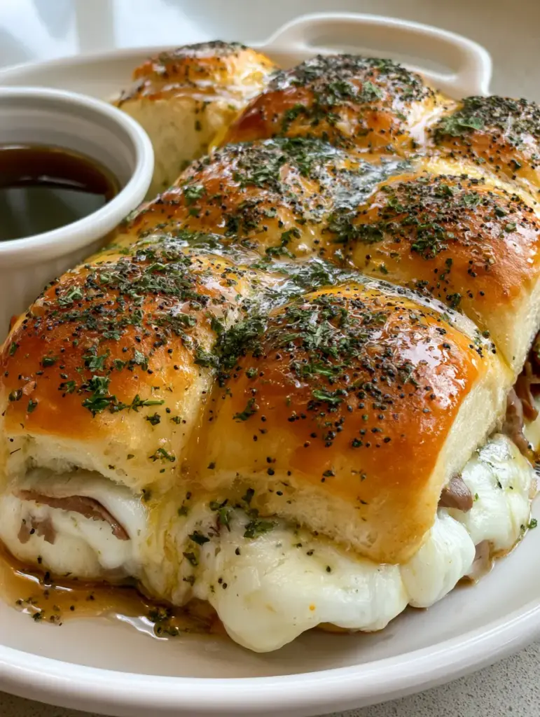 French Dip Squares with Savory Au Jus Gravy 2 Overhead view of a grid of French Dip Squares with melted cheese and a side of dark au jus gravy.