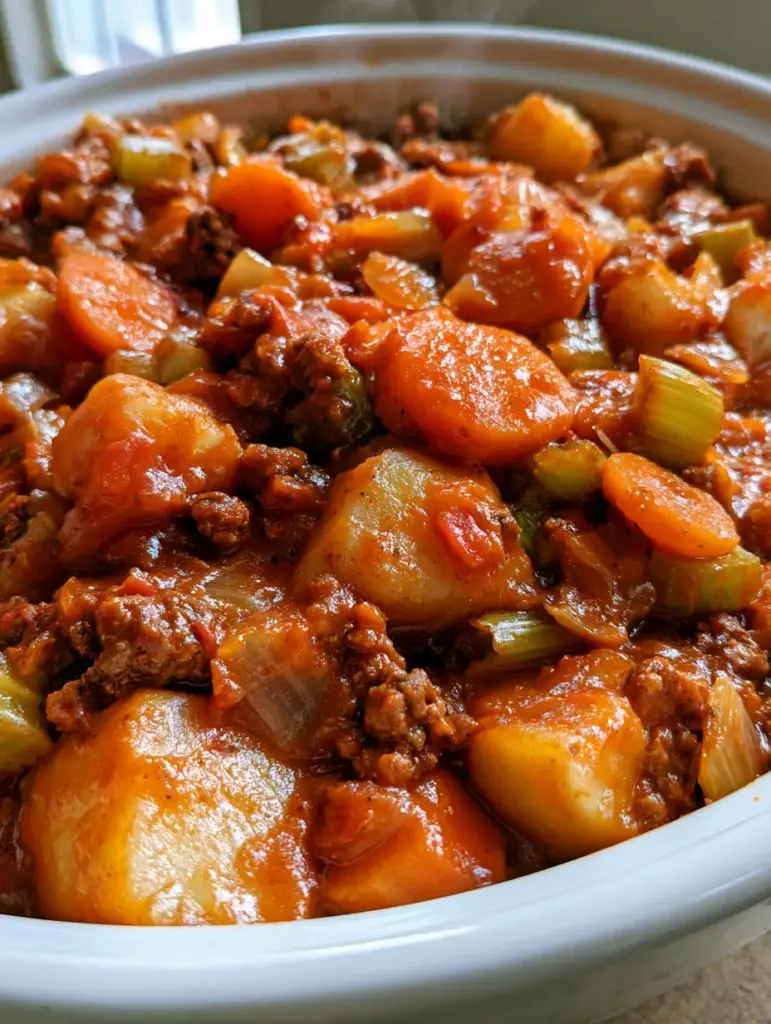 Road Rage Casserole: The Ultimate Hearty Slow Cooker Comfort Meal 1 Close up shot of Road Rage Casserole highlighting the thick reddish-orange tomato sauce and cracked black pepper garnish.