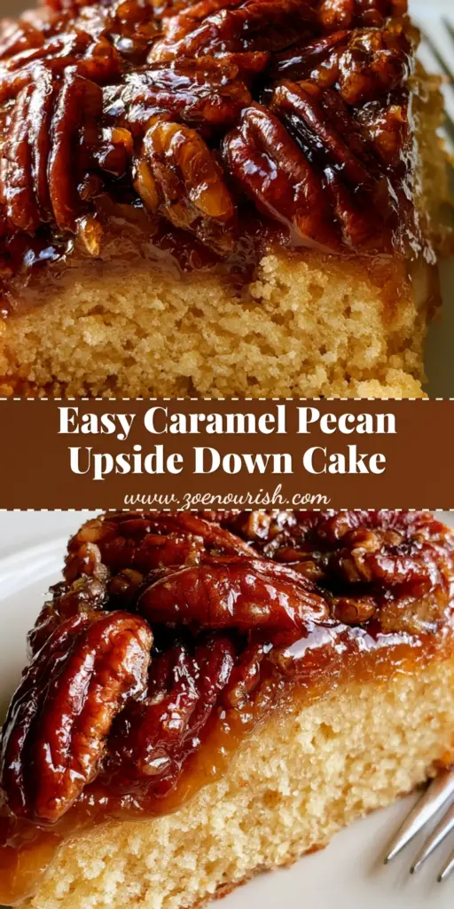Pecan Upside Down Cake with Glossy Amber Caramel Glaze 3 A Pinterest-style vertical shot of a Pecan Upside Down Cake featuring whole pecan halves and a glossy dark amber caramel glaze.