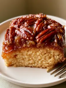 A handheld photo of a single slice of Pecan Upside Down Cake on a white plate showing the golden-yellow sponge and amber pecans.