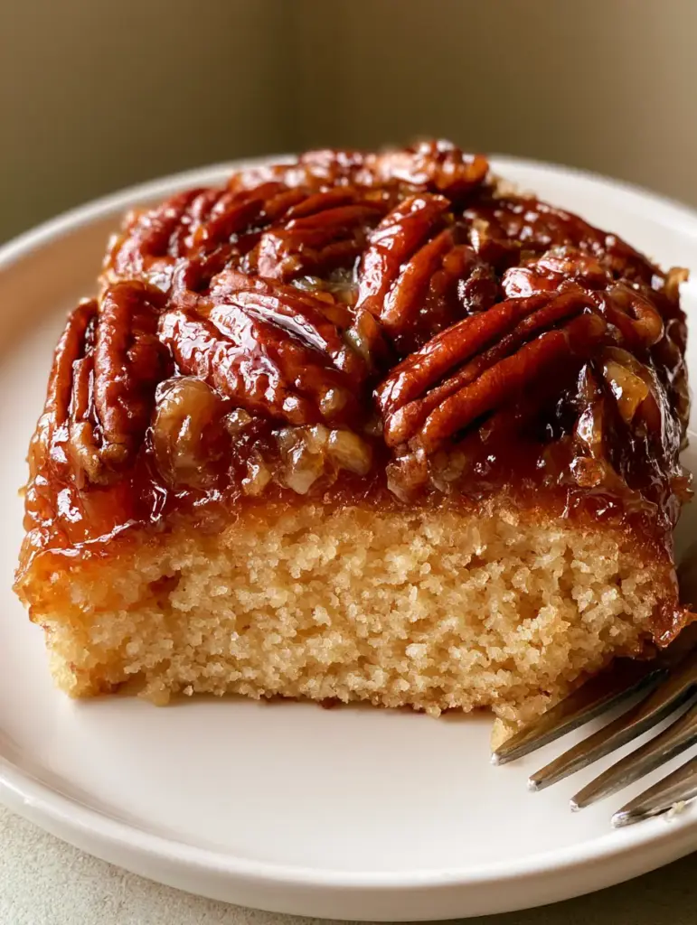 A handheld photo of a single slice of Pecan Upside Down Cake on a white plate showing the golden-yellow sponge and amber pecans.