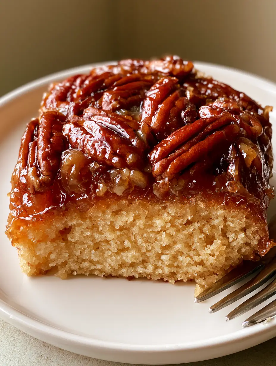 Pecan Upside Down Cake with Glossy Amber Caramel Glaze 4 A handheld photo of a single slice of Pecan Upside Down Cake on a white plate showing the golden-yellow sponge and amber pecans.