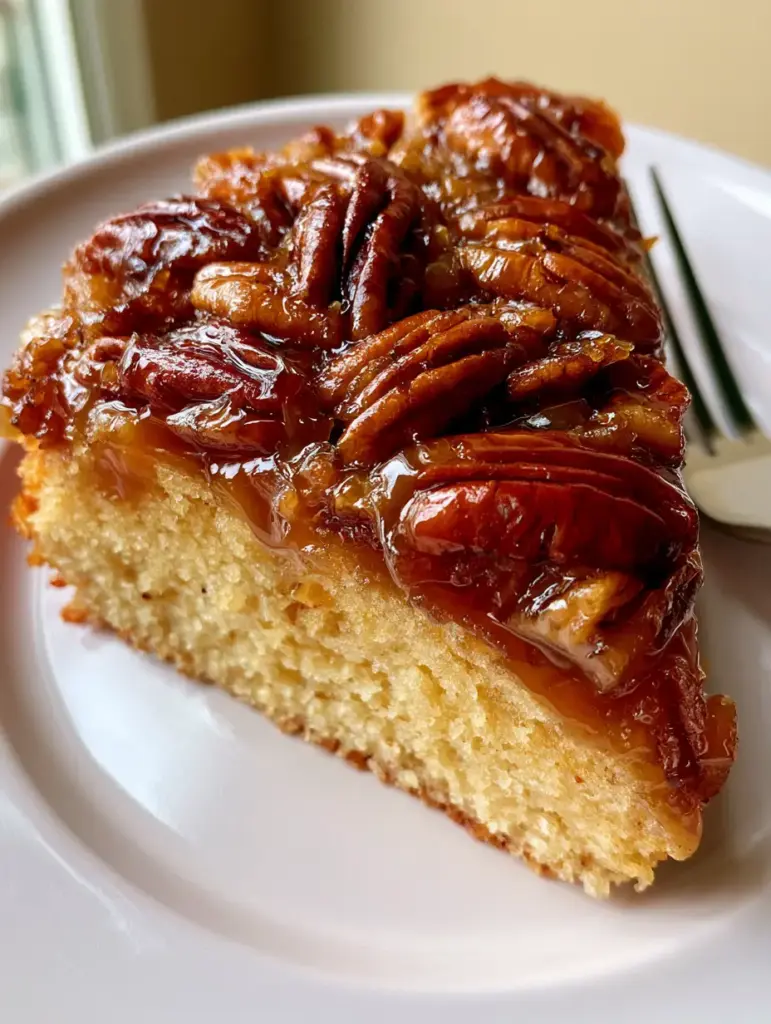 Pecan Upside Down Cake with Glossy Amber Caramel Glaze 1 Close up of the glossy dark amber caramel glaze pooling at the edges of a Pecan Upside Down Cake slice.