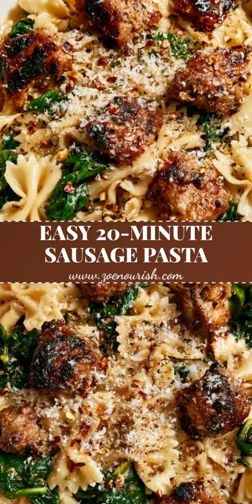 Italian Sausage and Bow Tie Pasta with Garlic and Spinach 3 A close-up shot of Italian Sausage and Bow Tie Pasta in a white bowl with charred sausage and wilted spinach.