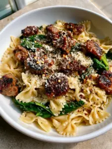 Top-down view of a white ceramic bowl filled with Italian Sausage and Bow Tie Pasta, glistening with olive oil and garlic.