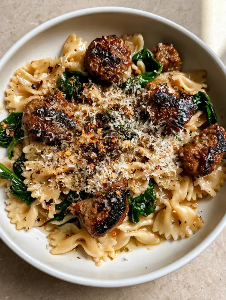 Italian Sausage and Bow Tie Pasta with Garlic and Spinach 1 Close up of wilted spinach and grated parmesan over Italian Sausage and Bow Tie Pasta.