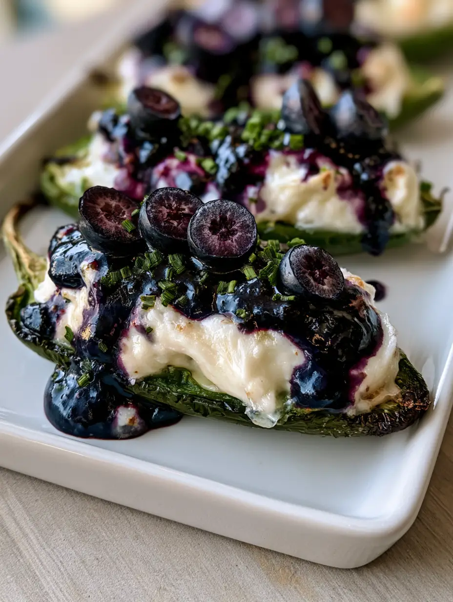 Blueberry Brie Jalapeño Poppers: The Ultimate Sweet and Spicy Appetizer 3 Smartphone photo of Blueberry Brie Jalapeño Poppers on a white rectangular ceramic plate with a wooden background.
