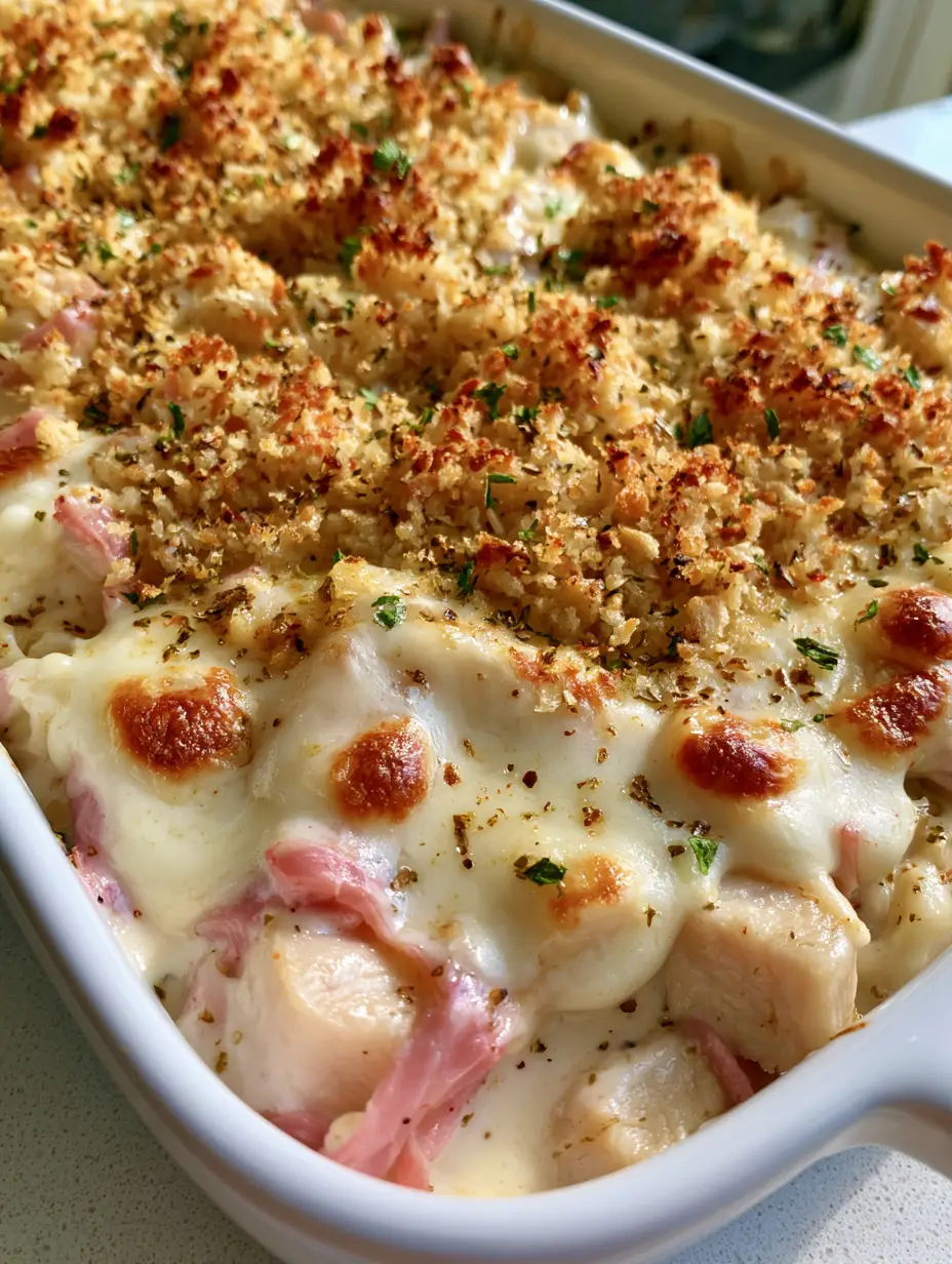 Chicken Cordon Bleu Casserole: The Ultimate Creamy & Crunchy Comfort Food 3 A close-up shot showing the golden-brown toasted panko breadcrumbs and fresh parsley on a Chicken Cordon Bleu Casserole.