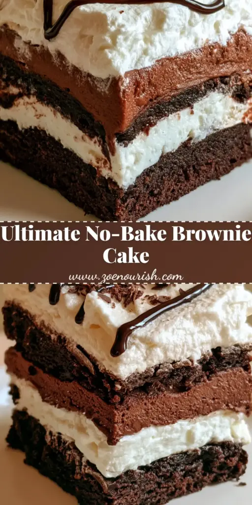 No-Bake Brownie Icebox Cake with Silky Chocolate Mousse 3 A square slice of No-Bake Brownie Icebox Cake on a white plate showing distinct layers of brownie, cream cheese, and mousse.