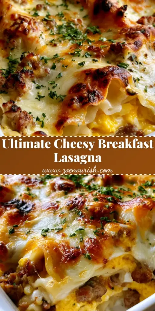 Breakfast Lasagna: The Ultimate Cheesy Brunch Casserole 3 A close-up handheld smartphone photo of a breakfast lasagna in a white dish, showing layers of noodles, yellow eggs, sausage, and bubbly melted cheese with parsley garnish.