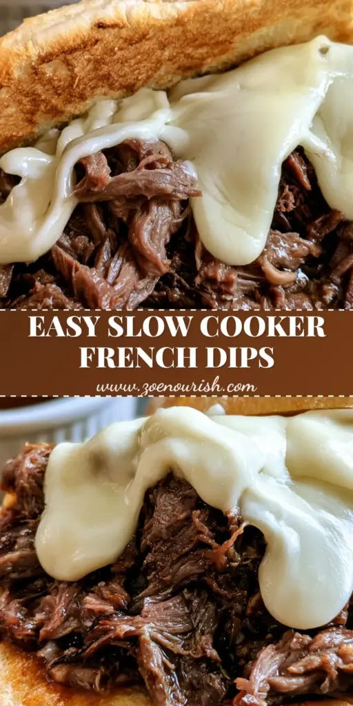 Slow Cooker French Dip Sandwiches with Tender Shredded Beef 4 A Slow Cooker French Dip Sandwich on a toasted white hoagie roll with melted provolone cheese and a ramekin of au jus.