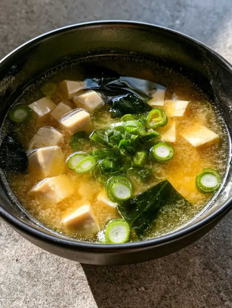 Authentic Easy Miso Soup Recipe in a matte black ceramic bowl on a grey stone countertop.