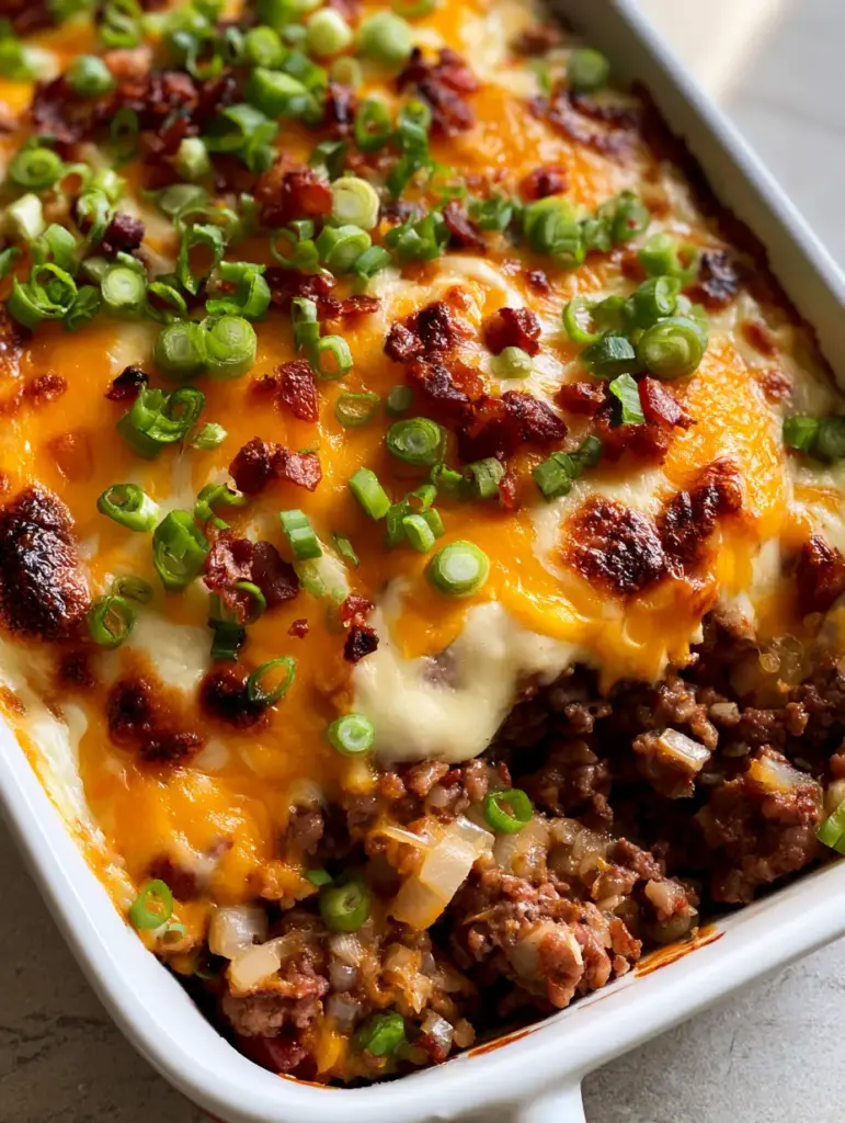 Cheesy Meatloaf Casserole: The Ultimate Loaded Family Comfort Food 2 Close up of browned beef crumbles under a layer of melted cheese and scallions for Cheesy Meatloaf Casserole.