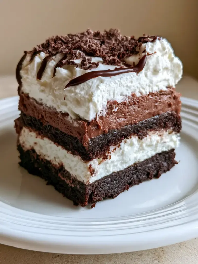 Close up handheld photo of a No-Bake Brownie Icebox Cake slice with visible layers of dark brownie and white whipped cream.