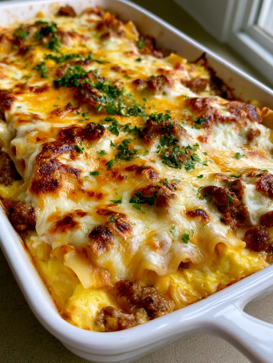 Breakfast Lasagna: The Ultimate Cheesy Brunch Casserole 4 Overhead view of a Breakfast Lasagna in a white ceramic dish featuring charred golden-brown cheese spots and fresh green parsley.