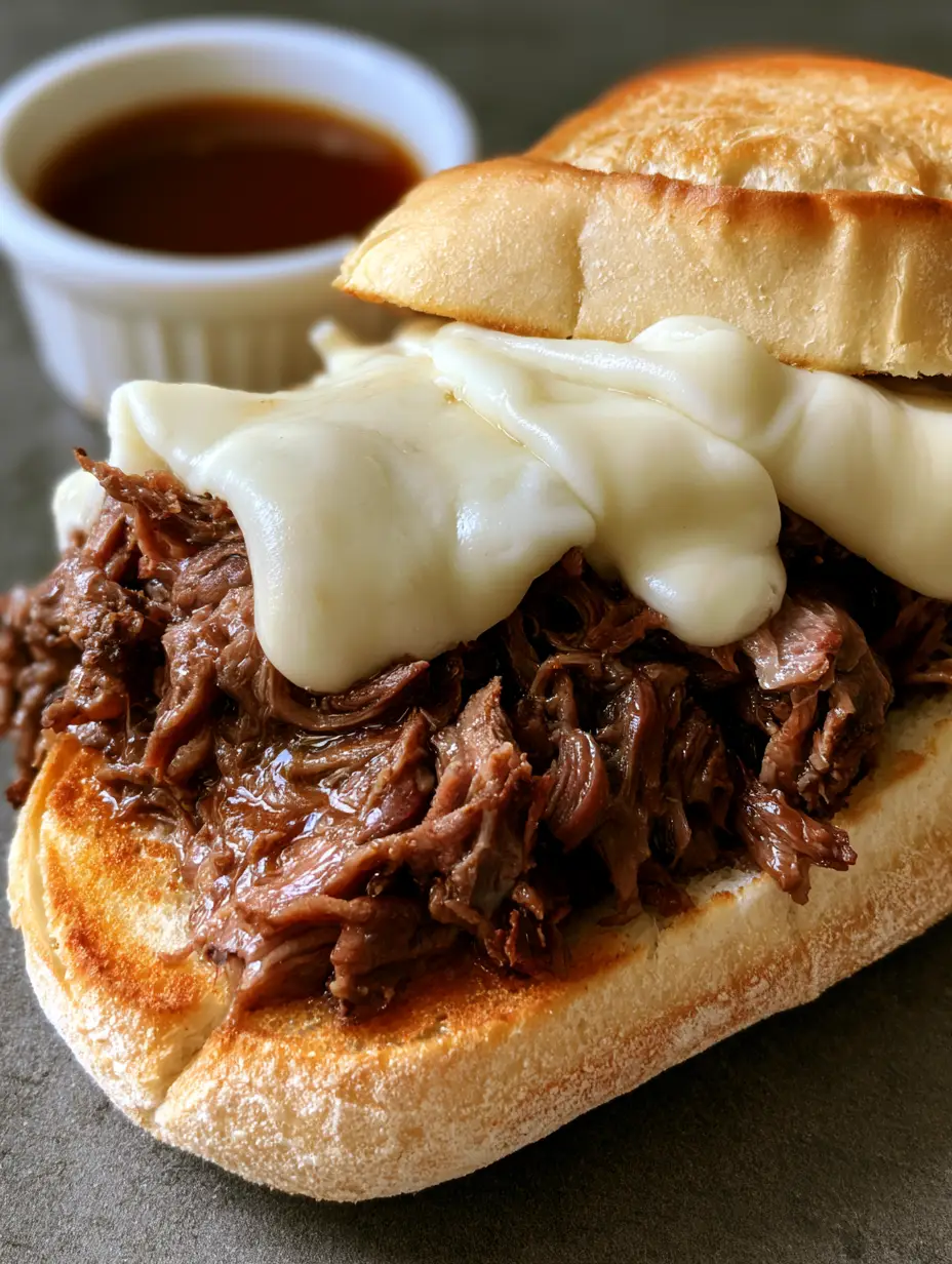 Slow Cooker French Dip Sandwiches with Tender Shredded Beef 3 Handheld photo showing a toasted white hoagie roll filled with shredded dark brown glistening beef. (Slow Cooker French Dip Sandwiches)