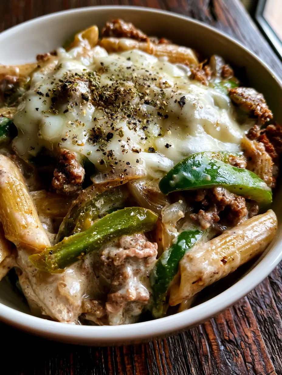 Philly Cheesesteak Pasta with Creamy Provolone Sauce 3 High angle shot of Philly Cheesesteak Pasta showing glossy cream cheese sauce and browned beef.