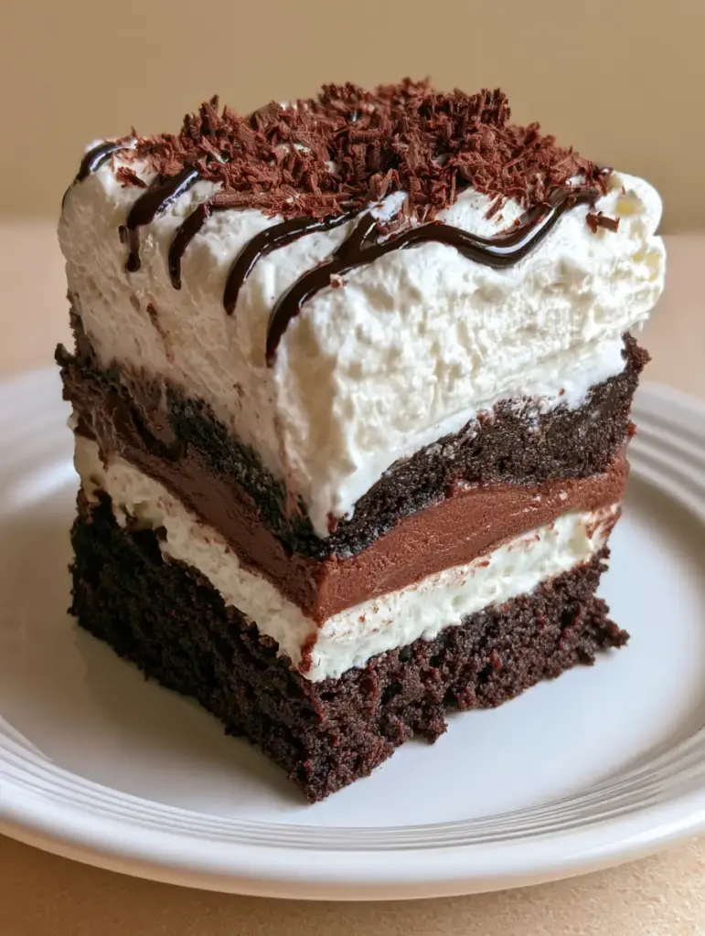No-Bake Brownie Icebox Cake with Silky Chocolate Mousse 1 Top view of No-Bake Brownie Icebox Cake showing chocolate shavings and syrup drizzle.