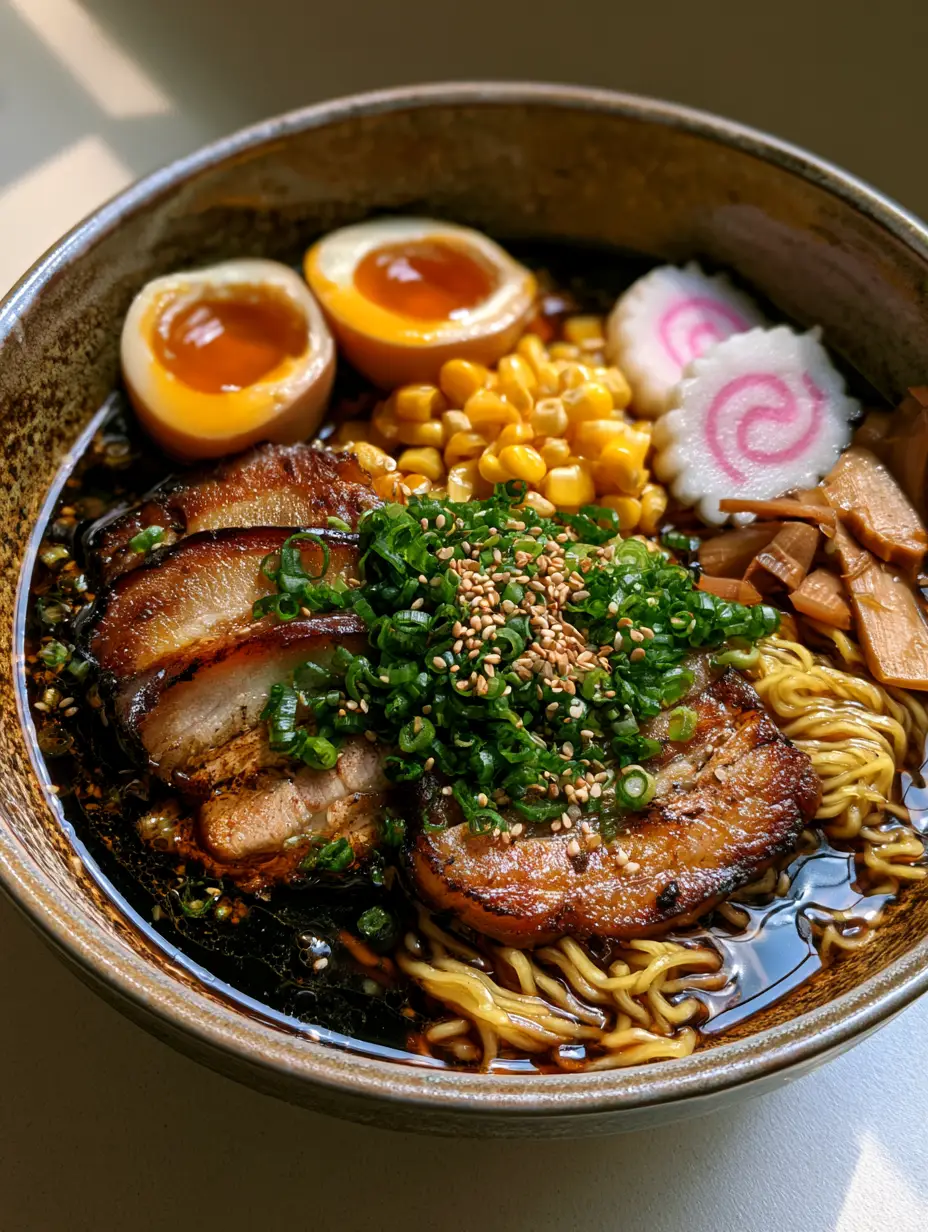 Close up of a Homemade Ramen Recipe bowl showing wavy yellow noodles and caramelized pork belly slices.