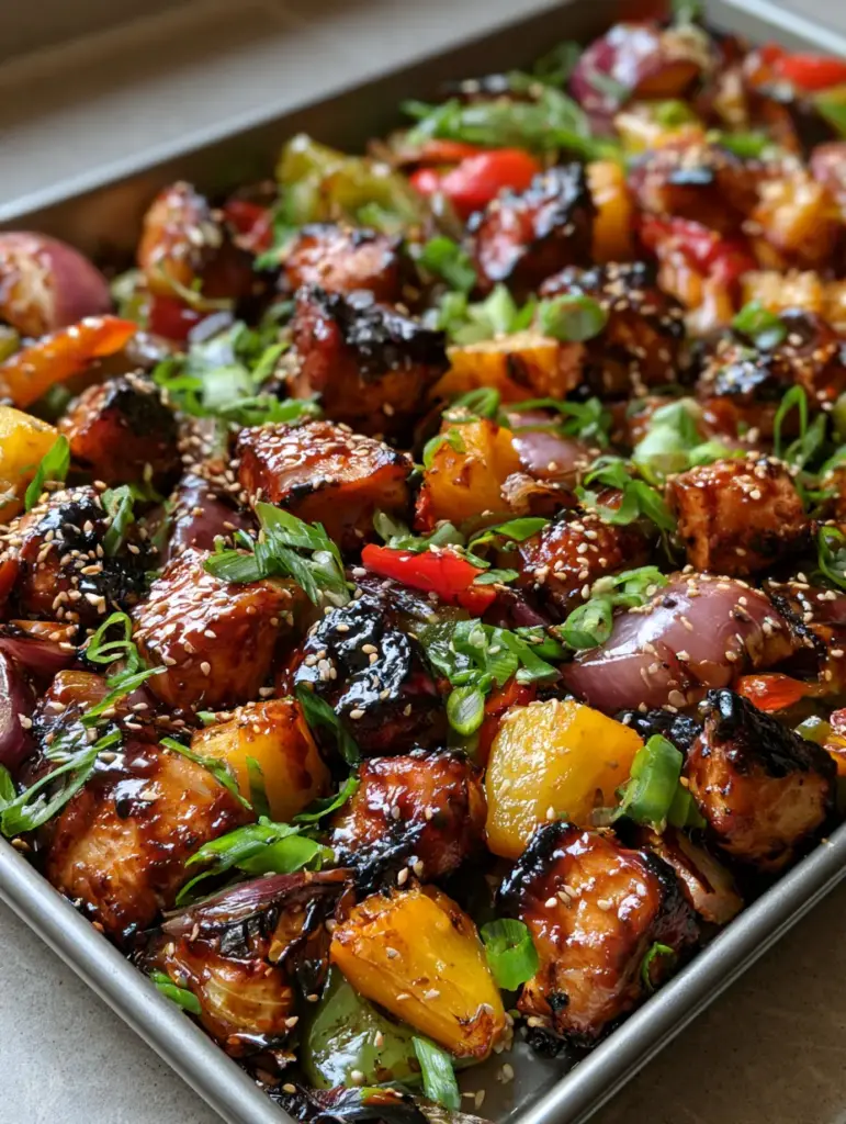 Smartphone photo of a metal sheet pan featuring Hawaiian Chicken sprinkled with sesame seeds and green onions.