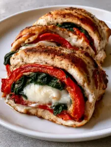 Handheld smartphone photo of sliced chicken rollatini on a white plate with browned skin and visible juices. (Roasted Red Pepper Stuffed Chicken)