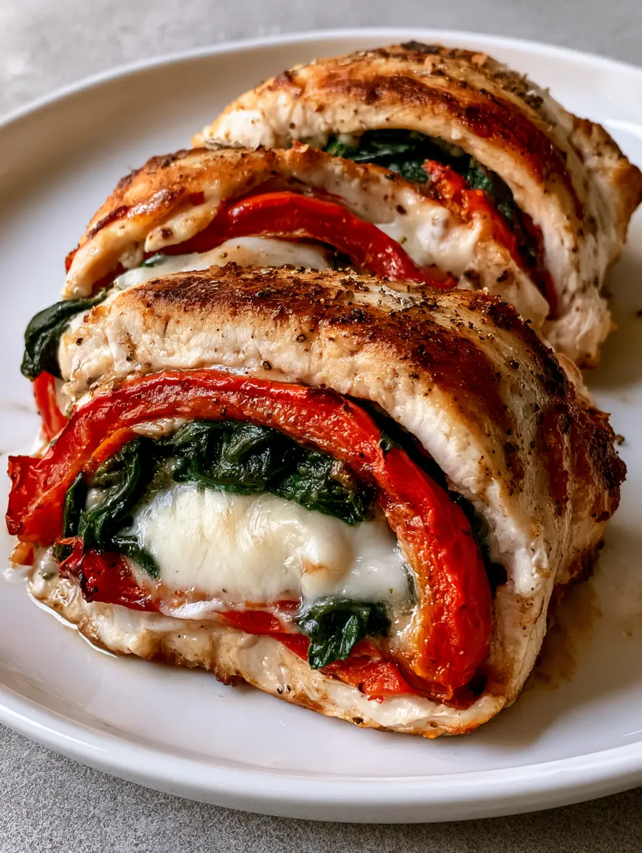 Roasted Red Pepper Stuffed Chicken with Melted Mozzarella 4 Handheld smartphone photo of sliced chicken rollatini on a white plate with browned skin and visible juices. (Roasted Red Pepper Stuffed Chicken)