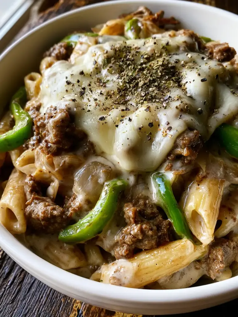 Philly Cheesesteak Pasta with Creamy Provolone Sauce 1 Close up of melted provolone cheese over penne pasta with green peppers and onions.