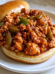 Close-up of ground chicken in a glossy tomato-based Cajun sauce with visible green peppers and cracked black pepper. (Cajun Chicken Sloppy Joes)