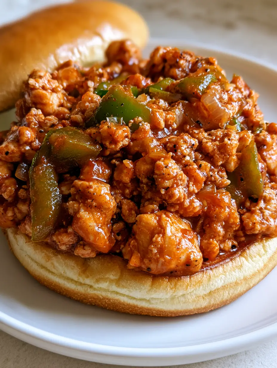 Cajun Chicken Sloppy Joes: A Bold and Saucy 30-Minute Dinner 3 Close-up of ground chicken in a glossy tomato-based Cajun sauce with visible green peppers and cracked black pepper. (Cajun Chicken Sloppy Joes)