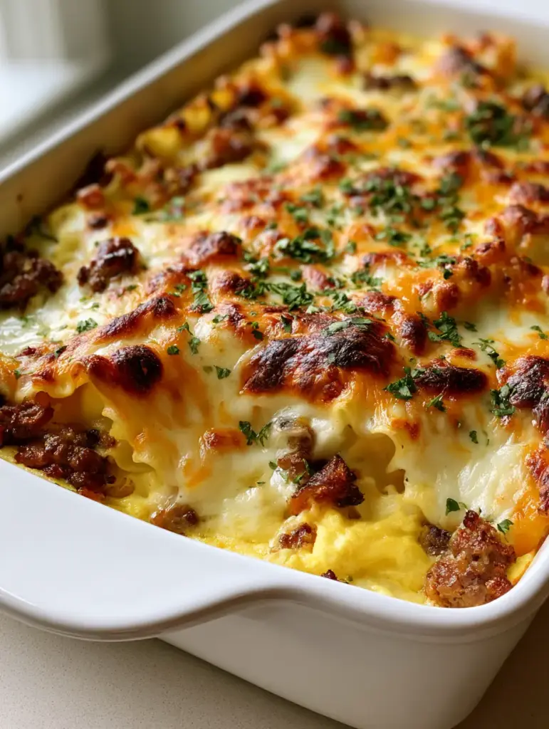 Breakfast Lasagna: The Ultimate Cheesy Brunch Casserole 1 Macro photo of sliced breakfast lasagna showing fluffy yellow scrambled eggs, crumbled browned sausage, and wide lasagna noodles.