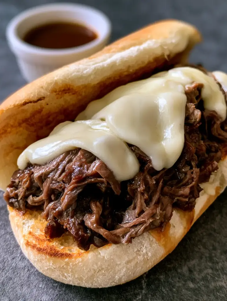 Slow Cooker French Dip Sandwiches with Tender Shredded Beef 1 Close up of melted provolone cheese with rounded edges drooping over shredded beef on a hoagie roll.