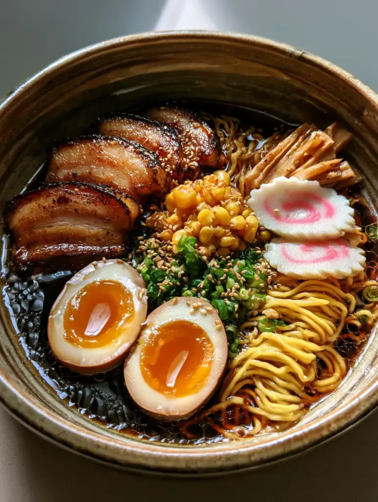 Detailed view of jammy soft-boiled eggs and pink narutomaki in a Homemade Ramen Recipe.