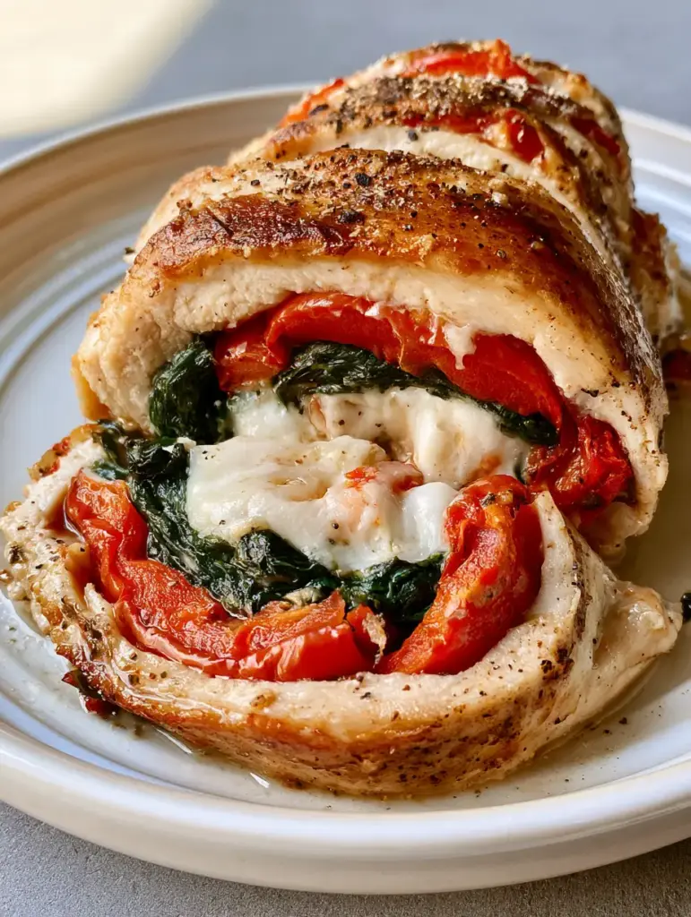 Roasted Red Pepper Stuffed Chicken with Melted Mozzarella 1 Overhead view of Roasted Red Pepper Stuffed Chicken sliced to show the colorful layers of red pepper and green spinach.