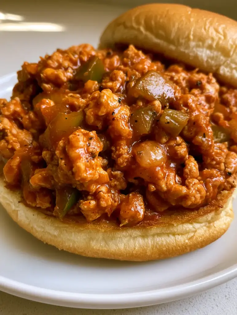 Cajun Chicken Sloppy Joes: A Bold and Saucy 30-Minute Dinner 1 A handheld shot of a Cajun Chicken Sloppy Joe sandwich with an askew brioche bun on a light kitchen countertop. (Cajun Chicken Sloppy Joes)