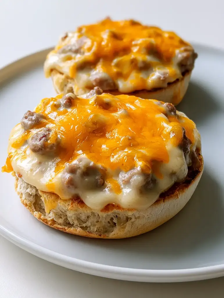 English Muffin Breakfast Pizza with Creamy Sausage Gravy and Melted Cheddar 1 Multiple English Muffin Breakfast Pizza halves arranged on a flat white ceramic dinner plate.