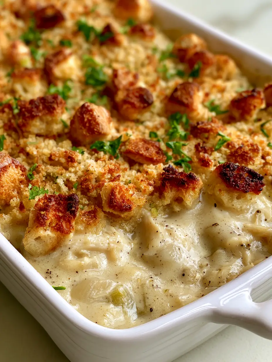 Amish Chicken Casserole: The Ultimate Creamy Comfort Food 4 Juicy shredded chicken bound in a thick glossy cream sauce with translucent celery in an Amish Chicken Casserole.