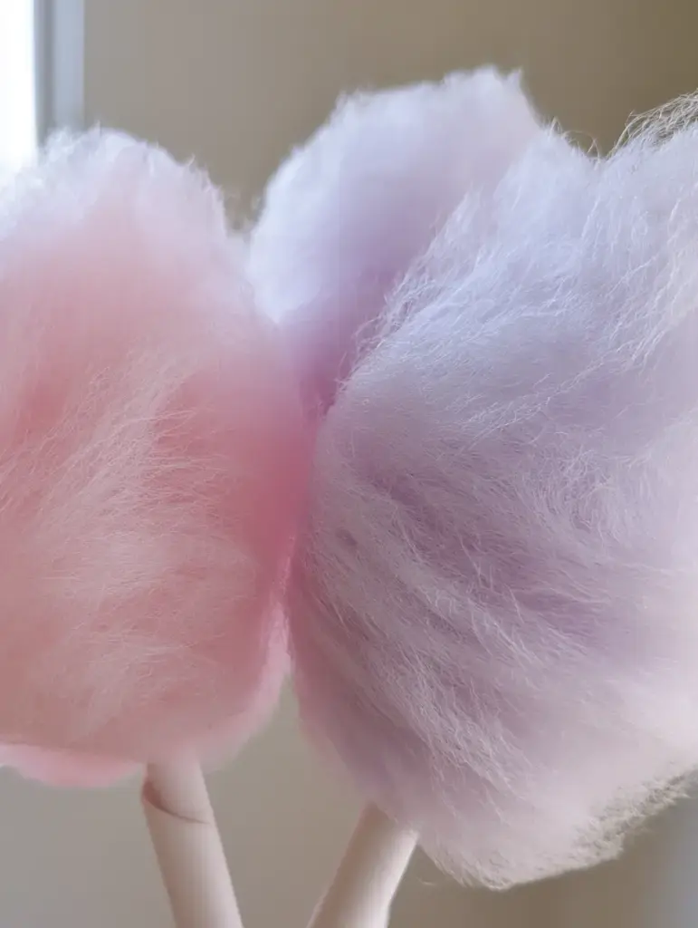 Smartphone photo of pink and purple Homemade Cotton Candy showing fine wispy threads.
