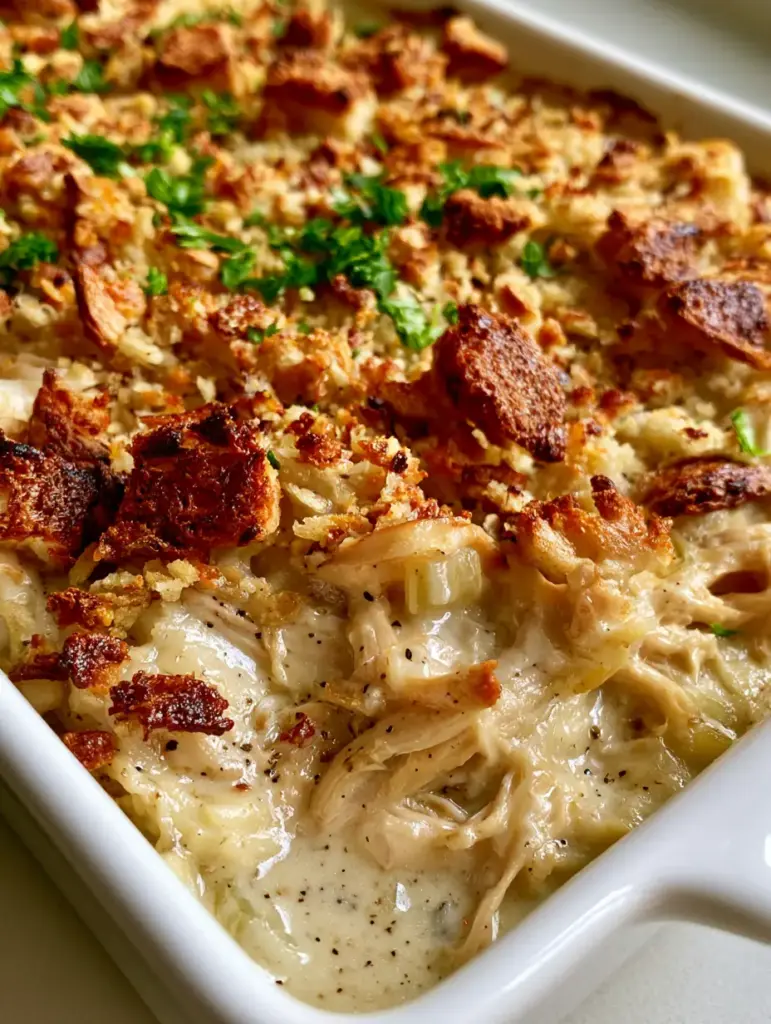 Amish Chicken Casserole: The Ultimate Creamy Comfort Food 1 Deeply browned bread cubes and golden breadcrumbs topping a chicken casserole garnished with fresh parsley.